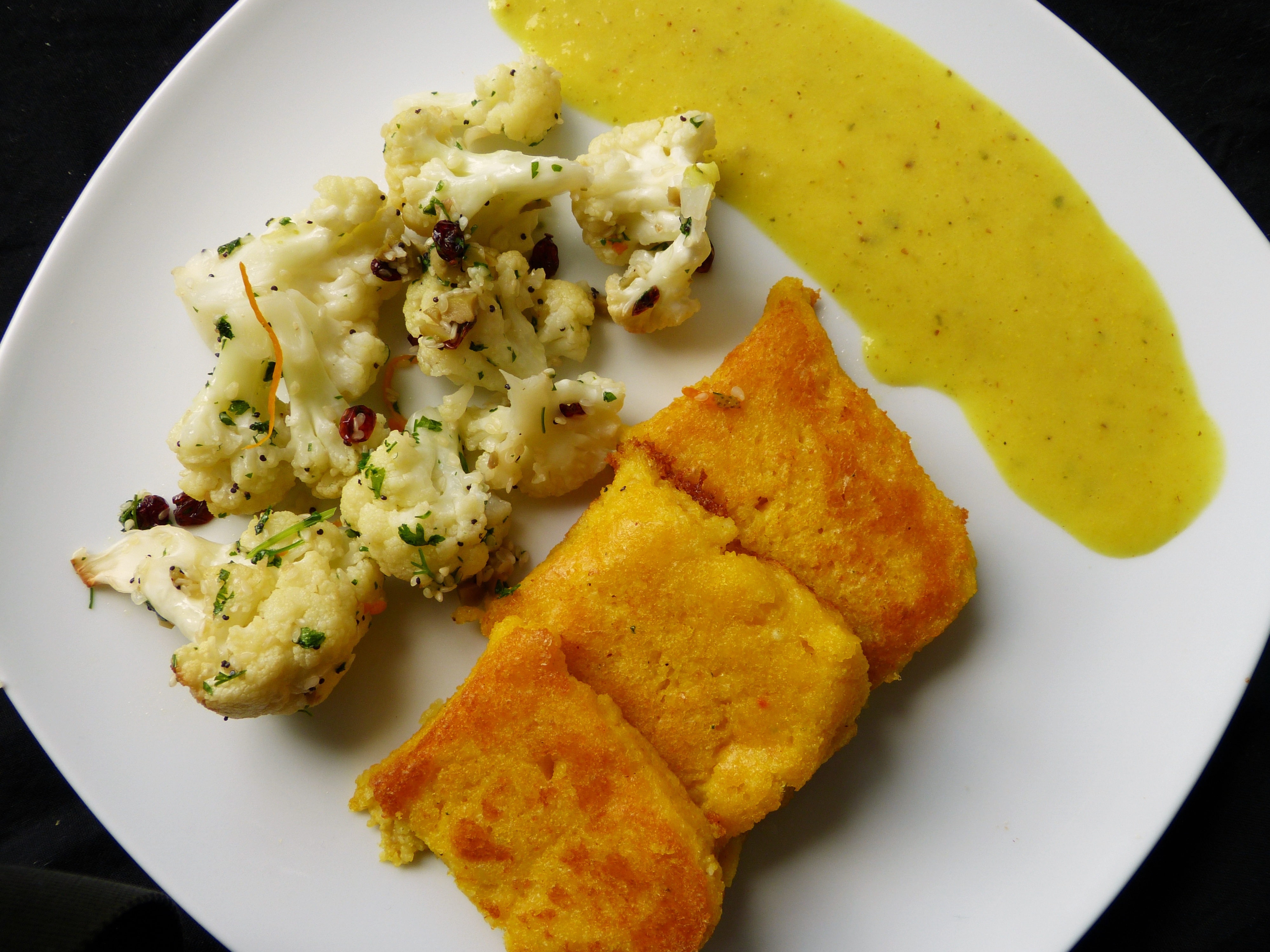polenta, blumenkohl, senfsauce